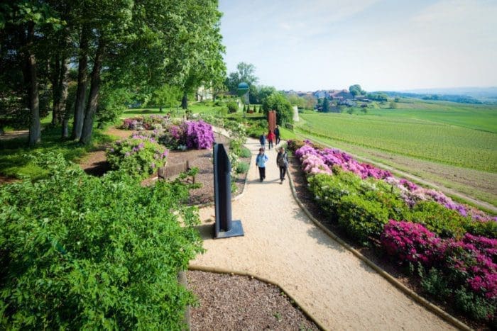 Vue aérienne du jardin de Daria lors de la floraison des rhododenrons au printemps.