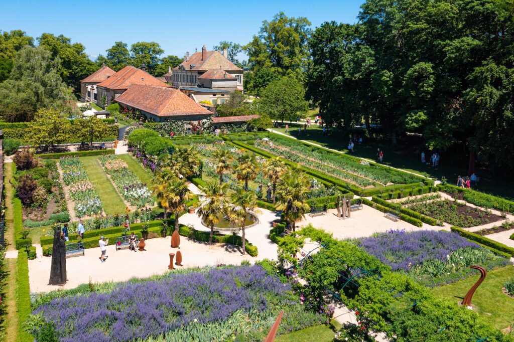 Vue aérienne du jardin de Doreen du Château de Vullierens lorsque les iris sont en fleurs.