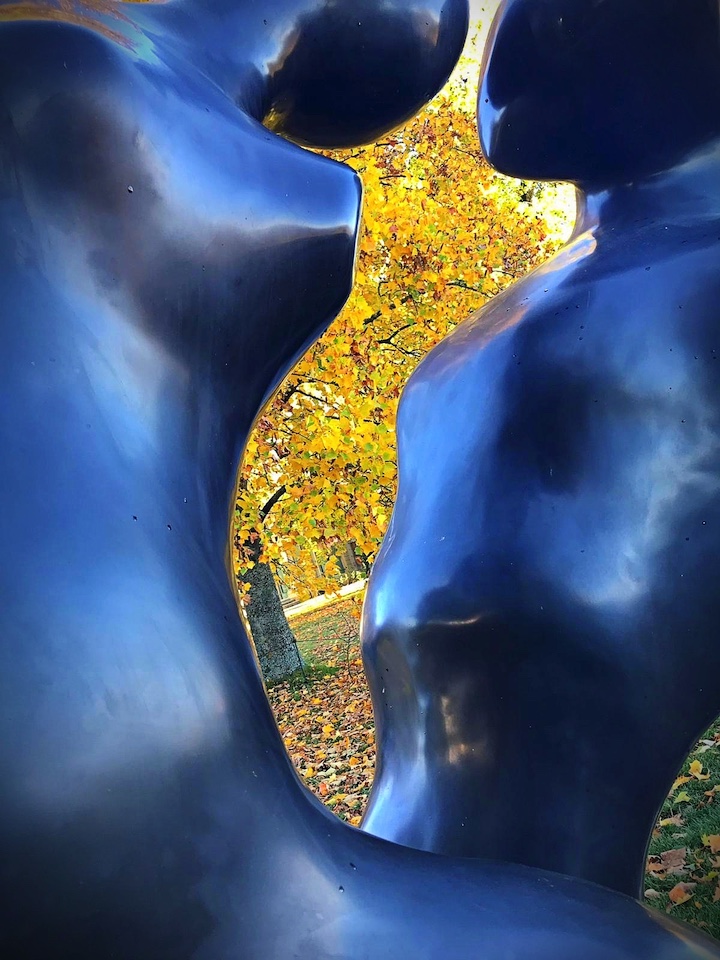 Prise de vue très rapprochée de la sculpture de Manuel Carbonell sur fond de couleurs orangées d'automne.