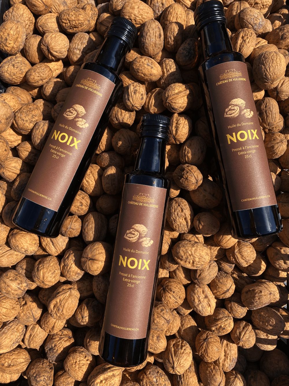 3 bouteilles d'huile de noix du domaine posées sur des noix en coquille.