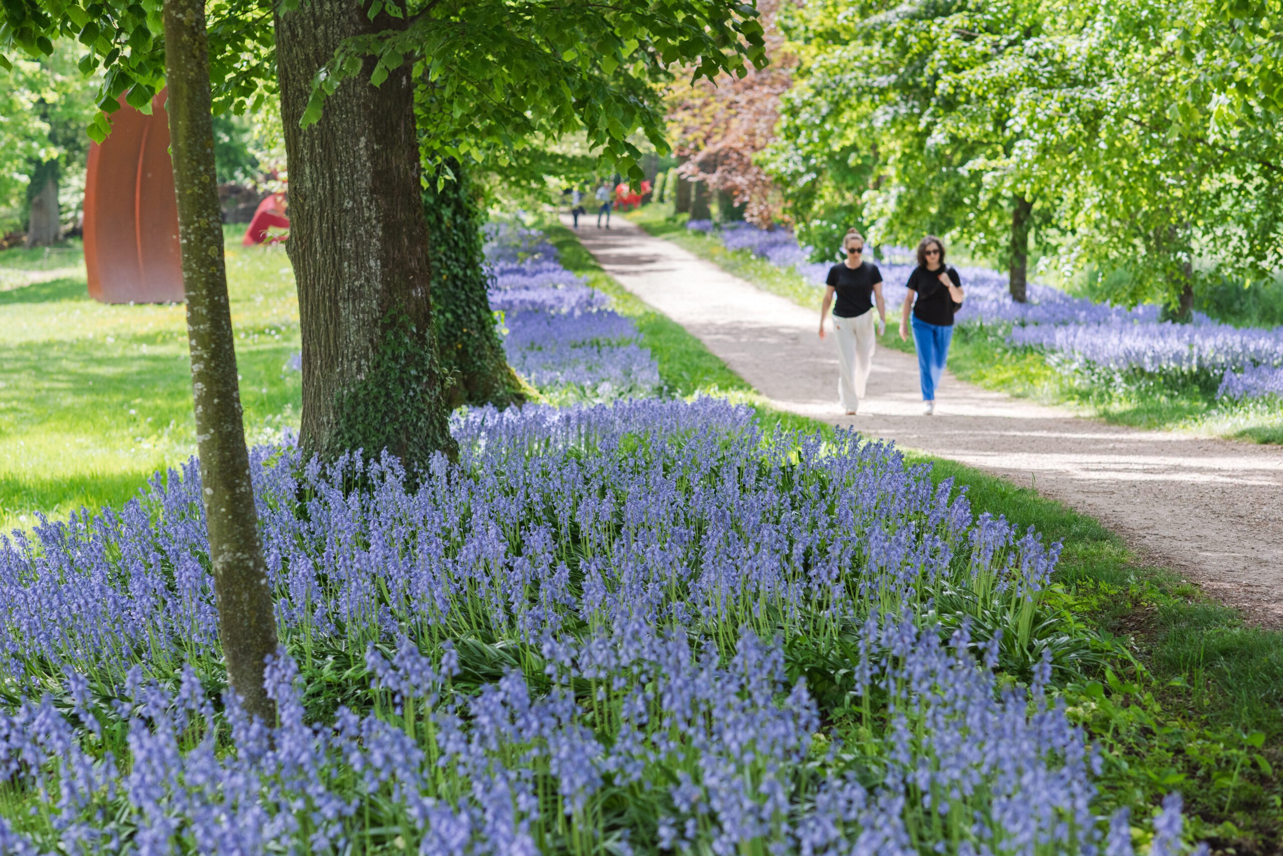 Les parterres de l'allée cavalière du Château de Vullierens sont en fleurs et deux amies marchent le long.