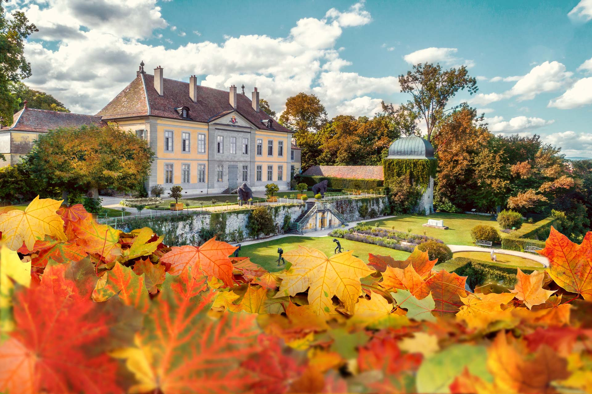 Montage photo illustrant le Château de Vullierens en arrière plan avec un parterre de feuilles d'automne.