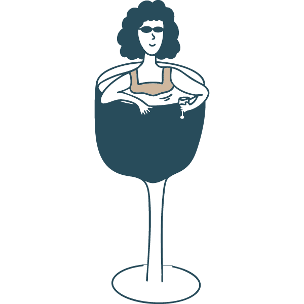 Illustration en bleu et beige d'une femme passionnée par le vin qui illustre la cible "épicurienne" du Château de Vullierens.