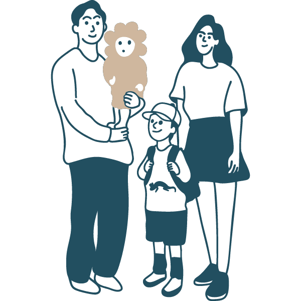 Illustration en bleu et beige d'un couple avec 2 enfants passionné par les moments familiaux qui illustre la cible "famille" du Château de Vullierens.