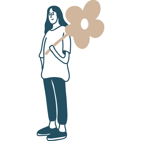 Illustration en bleu et beige d'un jeune femme passionnée de fleurs qui illustre la cible "jardin" du Château de Vullierens.