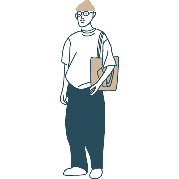 Illustration en bleu et beige d'un jeune homme passionné d'art qui illustre la cible "culture" du Château de Vullierens.